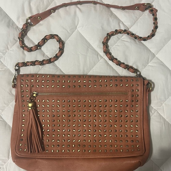 Salmon colored cross body/shoulder bag with gold colored accents. Cross posted. - Picture 2 of 5